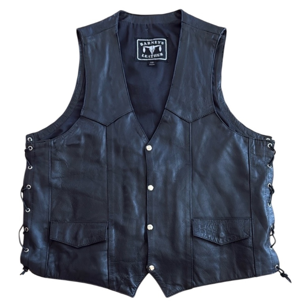 BARNEYS BLACK COWHIDE LEATHER SIDE LACE SZ 52 (2XL) BIKER MOTORCYCLE VEST BOHO